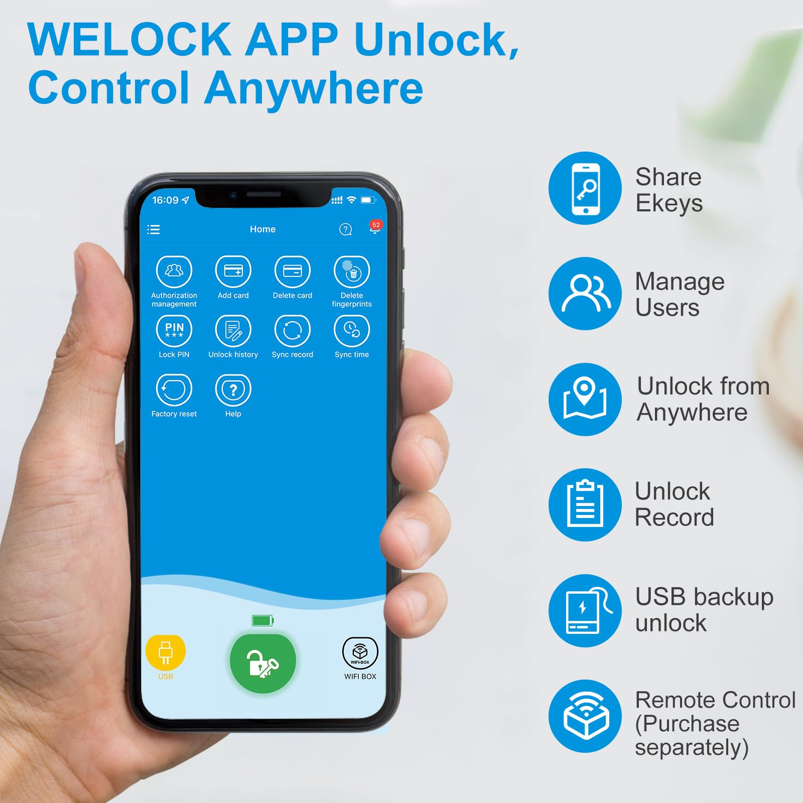 WELOCK SECBN51 Serratura smart Serratura Impronta Digitale, con scheda RFID,APP Serratura biometrica con WiFi,serratura elettronica cilindro,serratura con impronta digitale per la porta d'ingresso