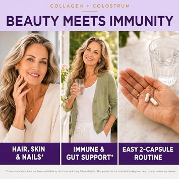 Collagen Peptides with Colostrum for Women - Multi Collagen Type I, II, III, V, X with Biotin & Keratin - 5X Absorption Capsules for Hair, Skin, Nails & Immune Support - Collagen Pills, 60 Count