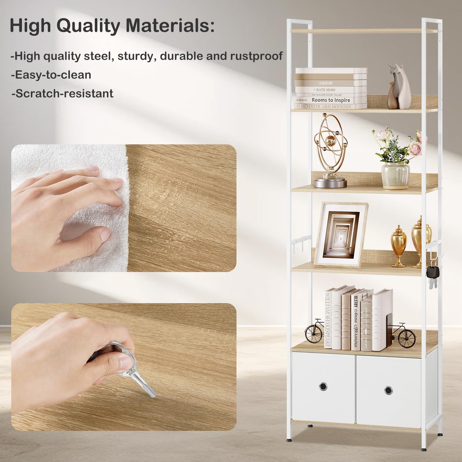 WOLTU Libreria a 5 Piani con 2 Cassetti, Scaffale di Stoccaggio a Pavimento, Moderno, Struttura in Acciaio, Soggiorno/Ufficio/Studio/Cucina/Camera da Letto, Rovere Chiaro+Bianco, RGB62whe