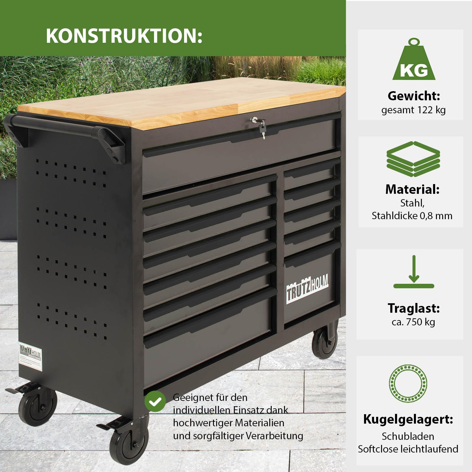 TRUTZHOLM Werkstattwagen Star XL 12 Schubladen unbestück Hartholz-Arbeitsplatte 103 x 112 cm mit Feststellbremsen, abschließbar Werkzeugwagen Anthrazit