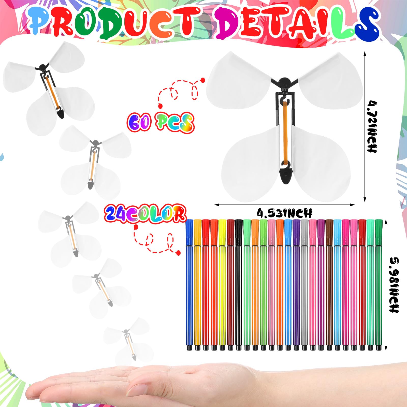 60 Set DIY Flying Butterfly White Flying Butterfly Toy Wind up Butterflies Magic DIY Cards with 24 Color Pens Surprise Gift for Valentine Birthday Wedding Graduation