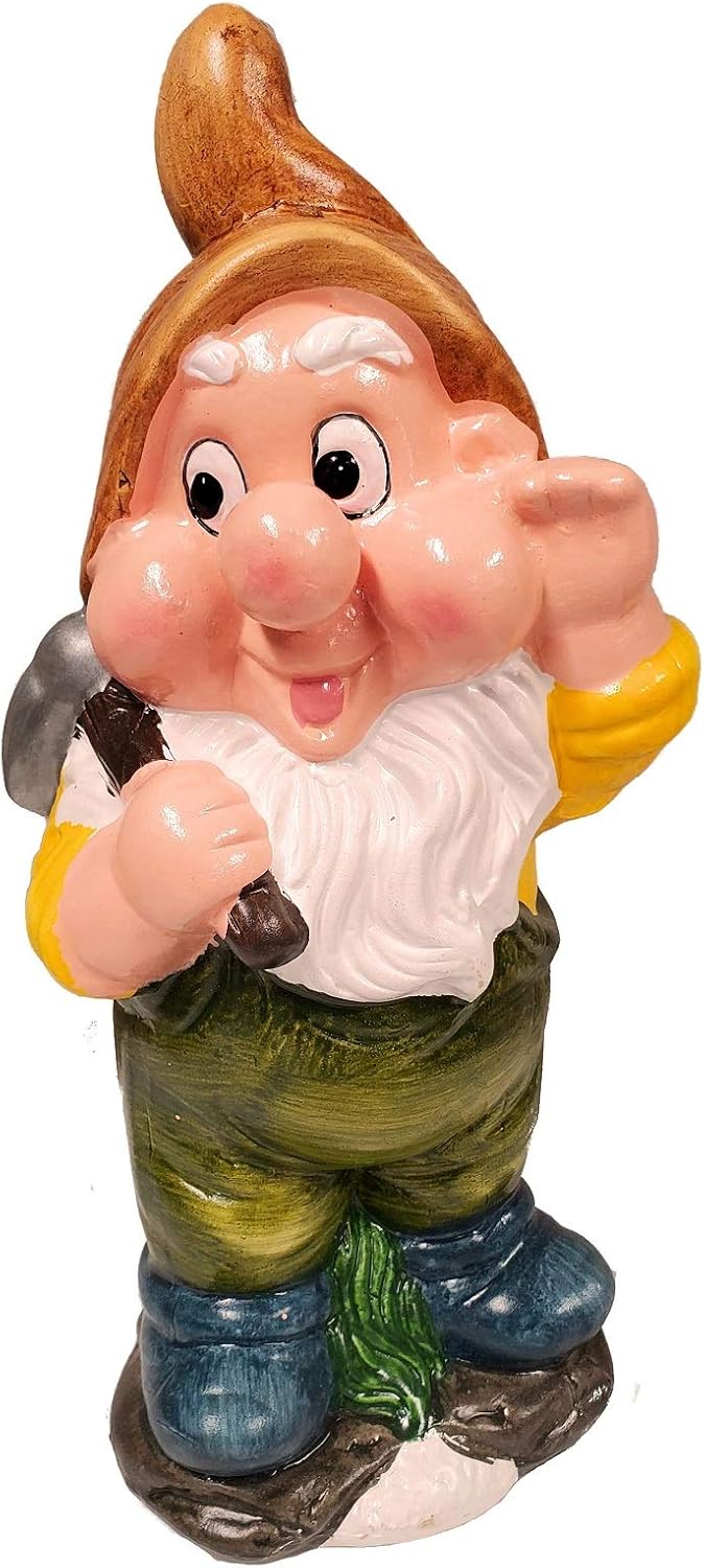 Dwarf with Pick Ax and Orange Hat Ceramic Garden Gnome Statue Lawn Ornament