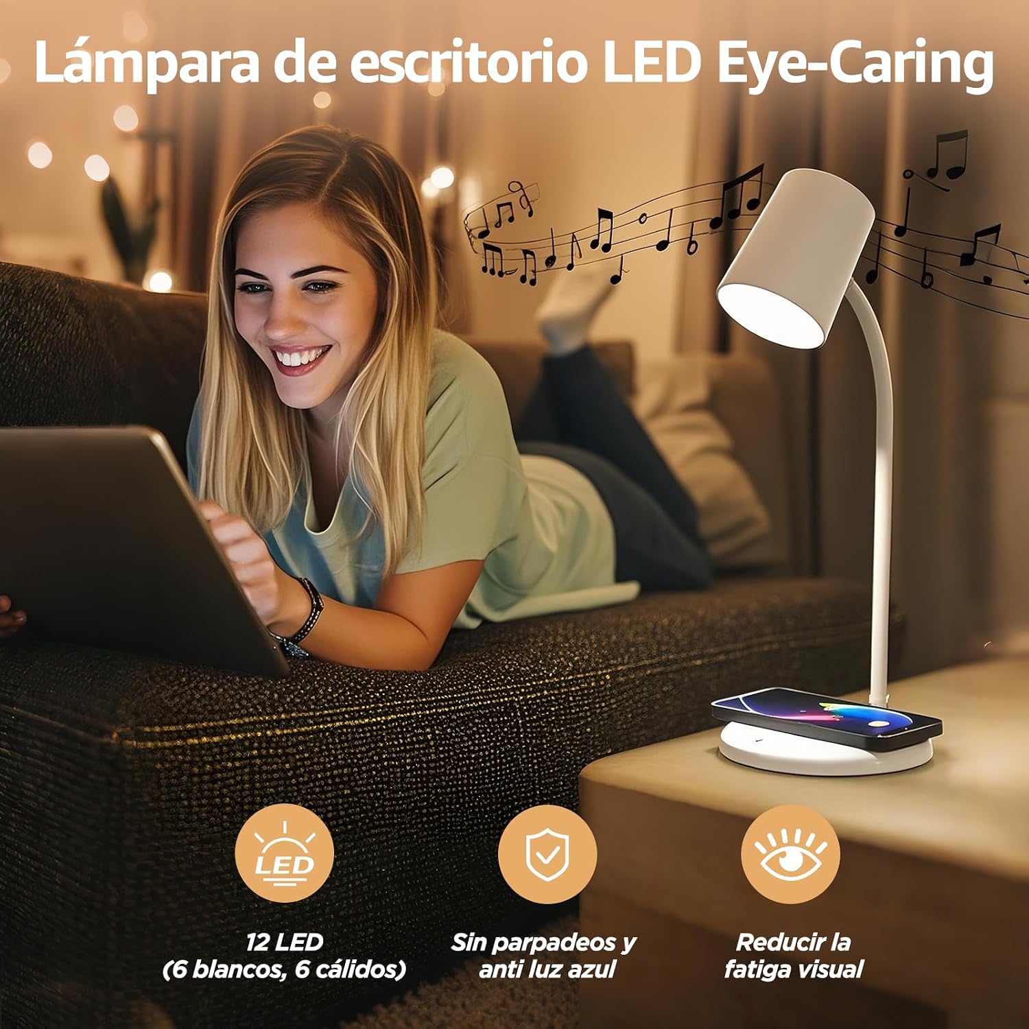 Ayake 3-in-1 LED Desk Lamp with Bluetooth Speaker and 15W Max Wireless Charger, 360° Adjustable Night Light, 3 Lighting Modes, for Working, Studying, Reading, Writing (White)