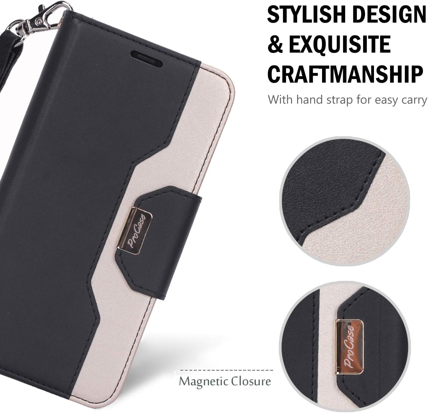 ProCase iPhone 11 Wallet Case for Women, Flip Folio Kickstand PU Leather Case with Card Holder Wristlet Hand Strap, Stand Protective Cover for iPhone 11 6.1” 2019 Release -Black