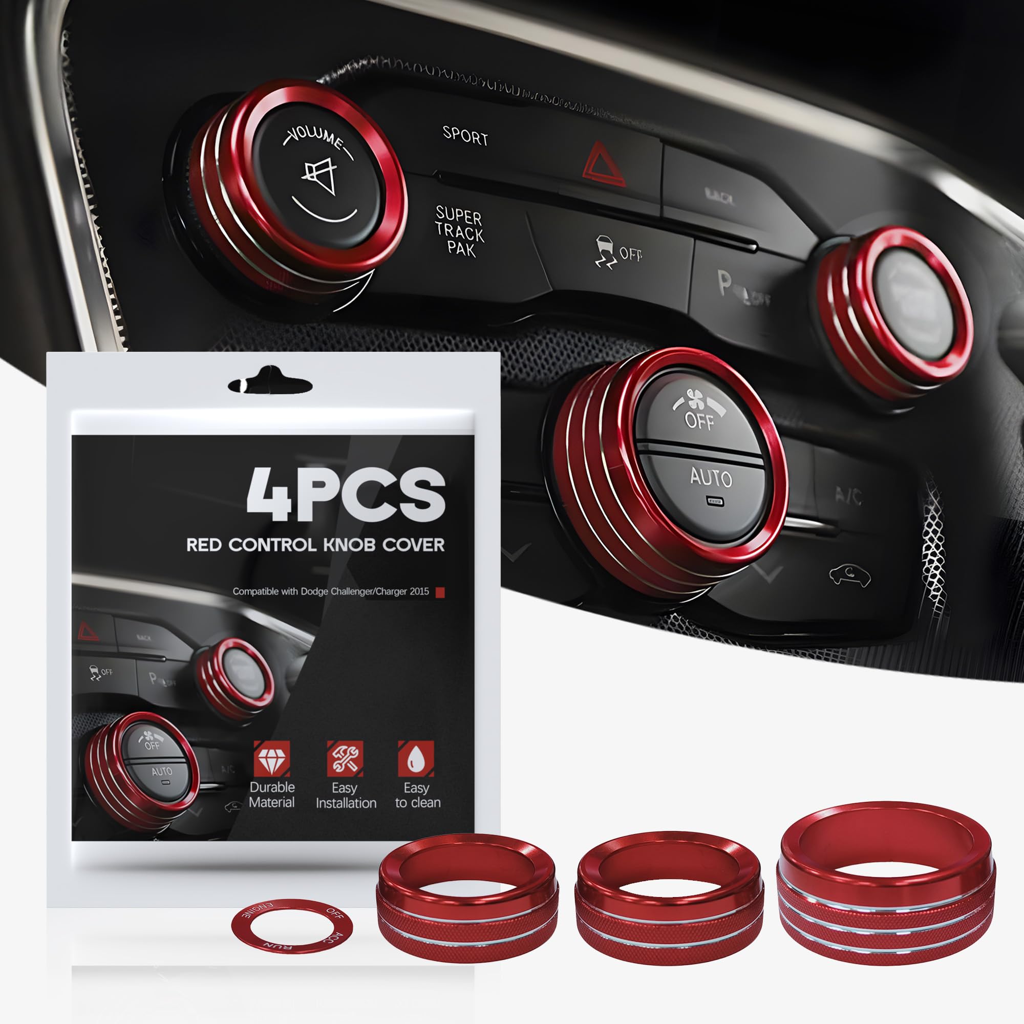 for Challenger Engine Start/Stop Sticker & Volume AC Tune Radio Switch Button Cover Aluminum Alloy Rings Compatible with Dodge Challenger/Charger/