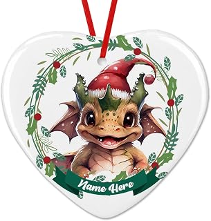Dinoz Merry Christmas Dragon Animal Lover, Santa Claus Hat Tree Animal Custom Name Tree Hanging Decorations Two Sides Print Ceramic Heart Ornament Keepsake Gifts for Home