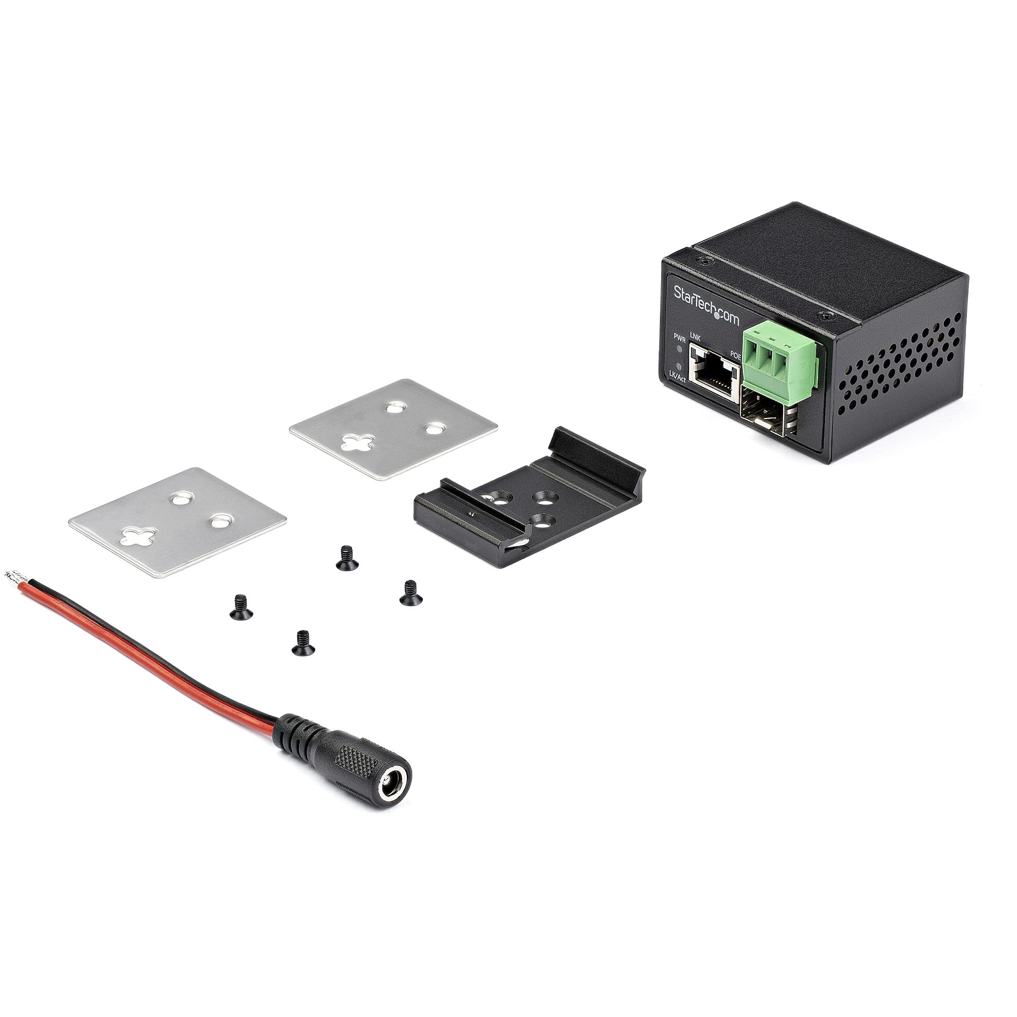 StarTech Convertisseur Fibre RJ45 PoE+ Industriel 30W, SFP (IMC1GSFP30W) | Gigabit, Monomode ou multimode, IEEE 802.3af/at, IP-30, -40 à +75C, Rail DIN