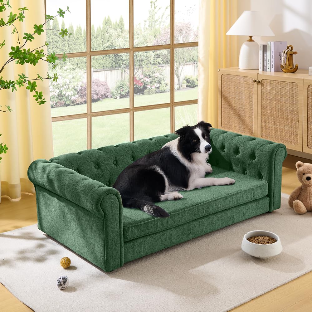 55" Elevated Dog Sofa Couch for Large and Oversized Dogs, Comfortable Linen Fabric Pet Bed with Thick Cushion, Durable Raised Dog Couch with Tufted Armrests, Stylish Modern Pet Furniture