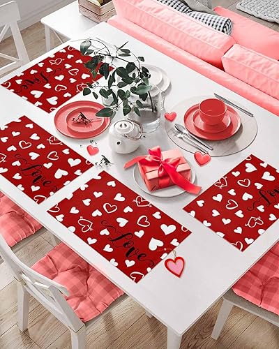 Miniatura 2 de Juego de 6 manteles individuales rojos para el día de San Valentín, diseño de corazón de San Valentín, resistentes al calor, lavables, manteles de