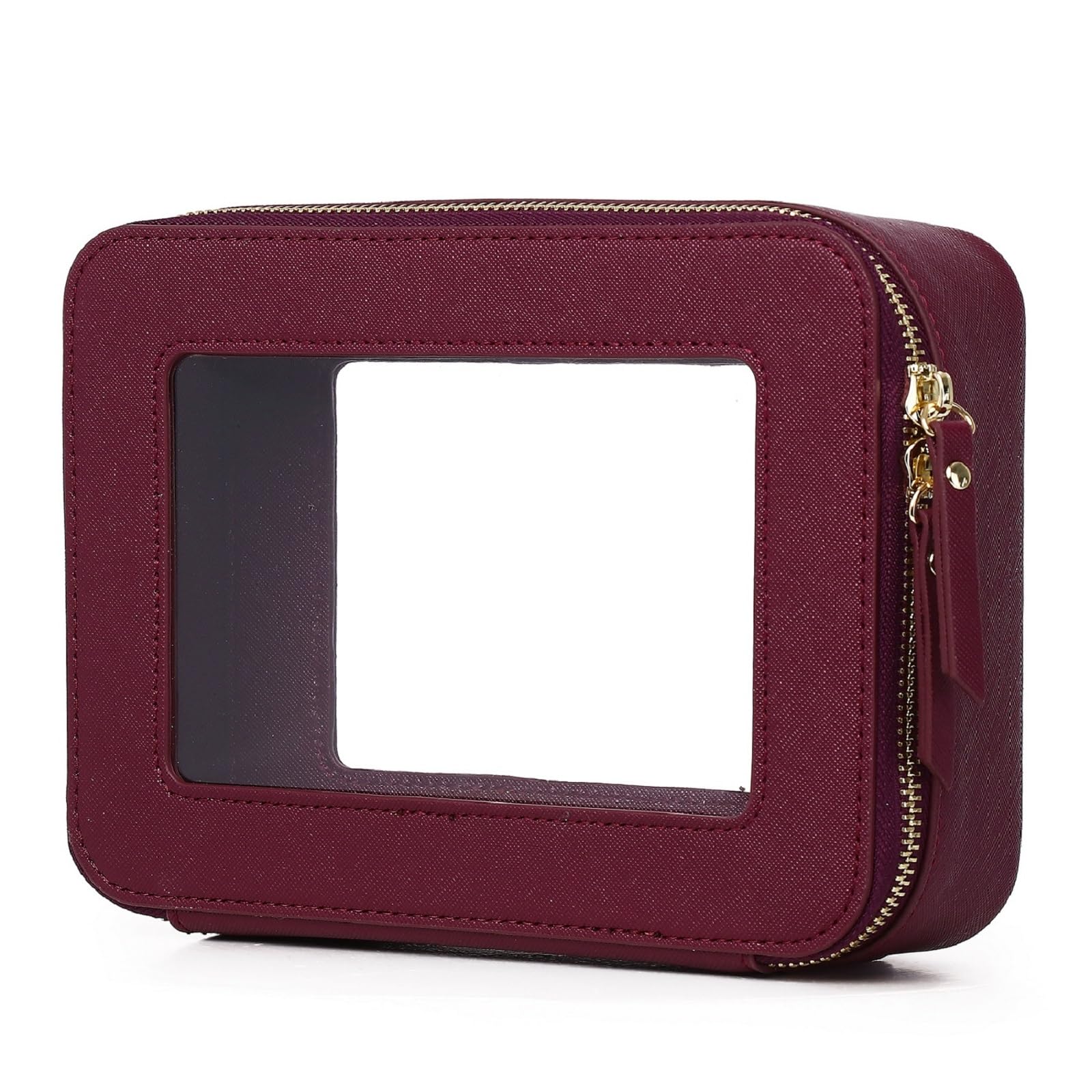 Clear Makeup Bag Women's Waterproof Travel Cosmetic Case and Toiletry Bag Portable Makeup Organizer Bag for Car with Zipper (Burgundy, M)