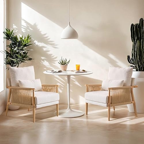 VINGLI Braid Accent Chairs Set of 2,Mid-Century Modern Armchiars with Solid Wooden Armrest,Comfy Louge Chairs with Waist Pillow for Bedroom,Living Room,Reading Room, Beige