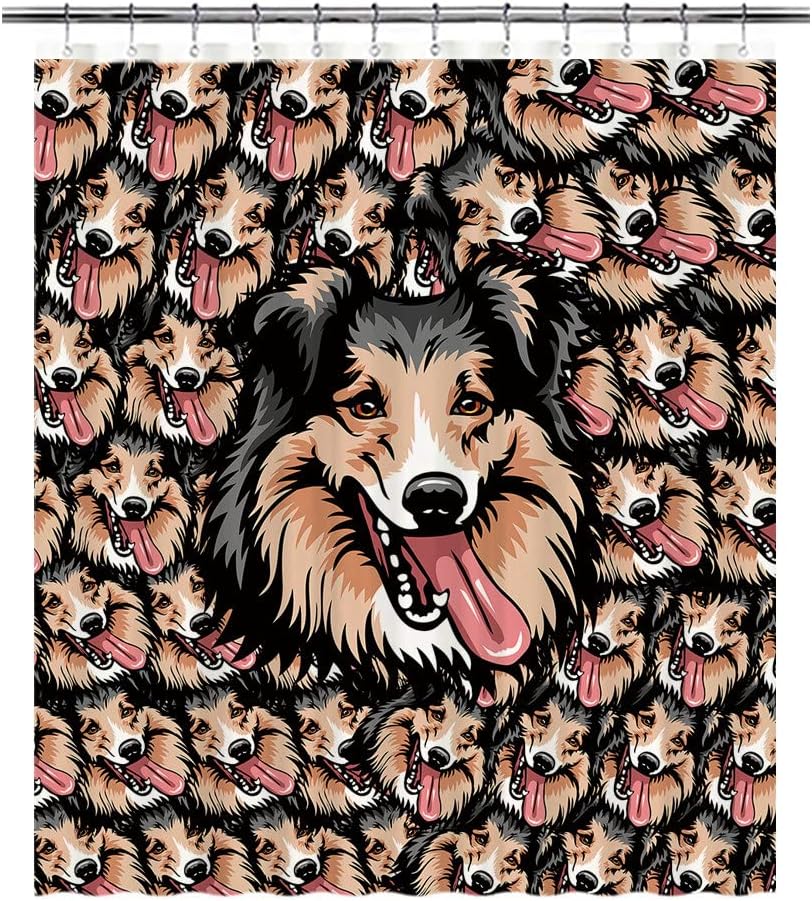 Shetland Shepdog Dogs Shower Curtain Pet's Mash Face for Kids Dog Lovers Bathroom Decor Set Waterproof Fabric with 12 Hooks 72x66 Inch