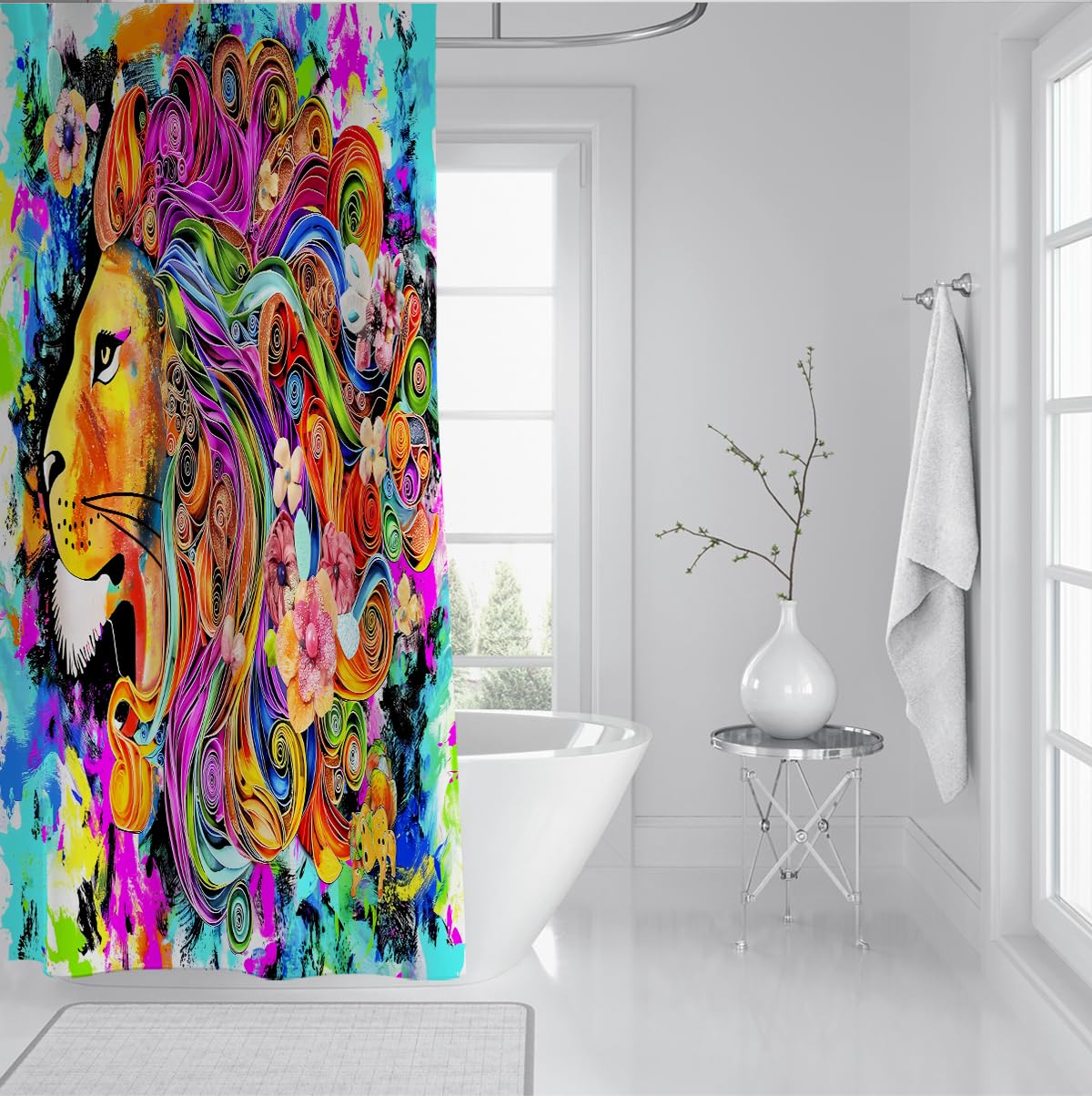 Farbenfroher Abstrakter Löwen-Duschvorhang Künstlerischer Tierölmalerei-Stil Duschvorhang Wasserdichter Polyesterstoff Schnelltrocknen mit Haken 200 x 220 cm