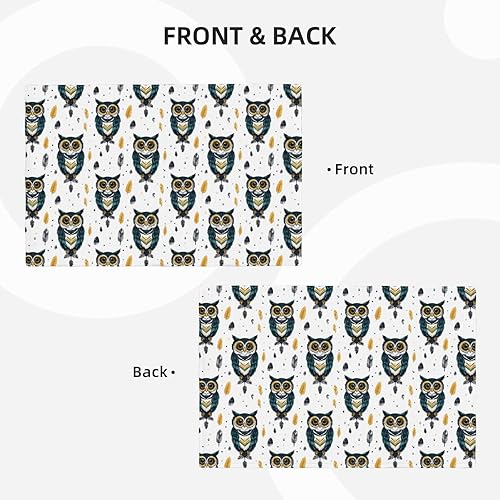 Miniatura 4 de Dining Table Placemats Set of 4-12x18 Inch Green Feather Owl Print Faux Linen Double Heat Resistant Place Mats, Kitchen Table Mats, Wipeable
