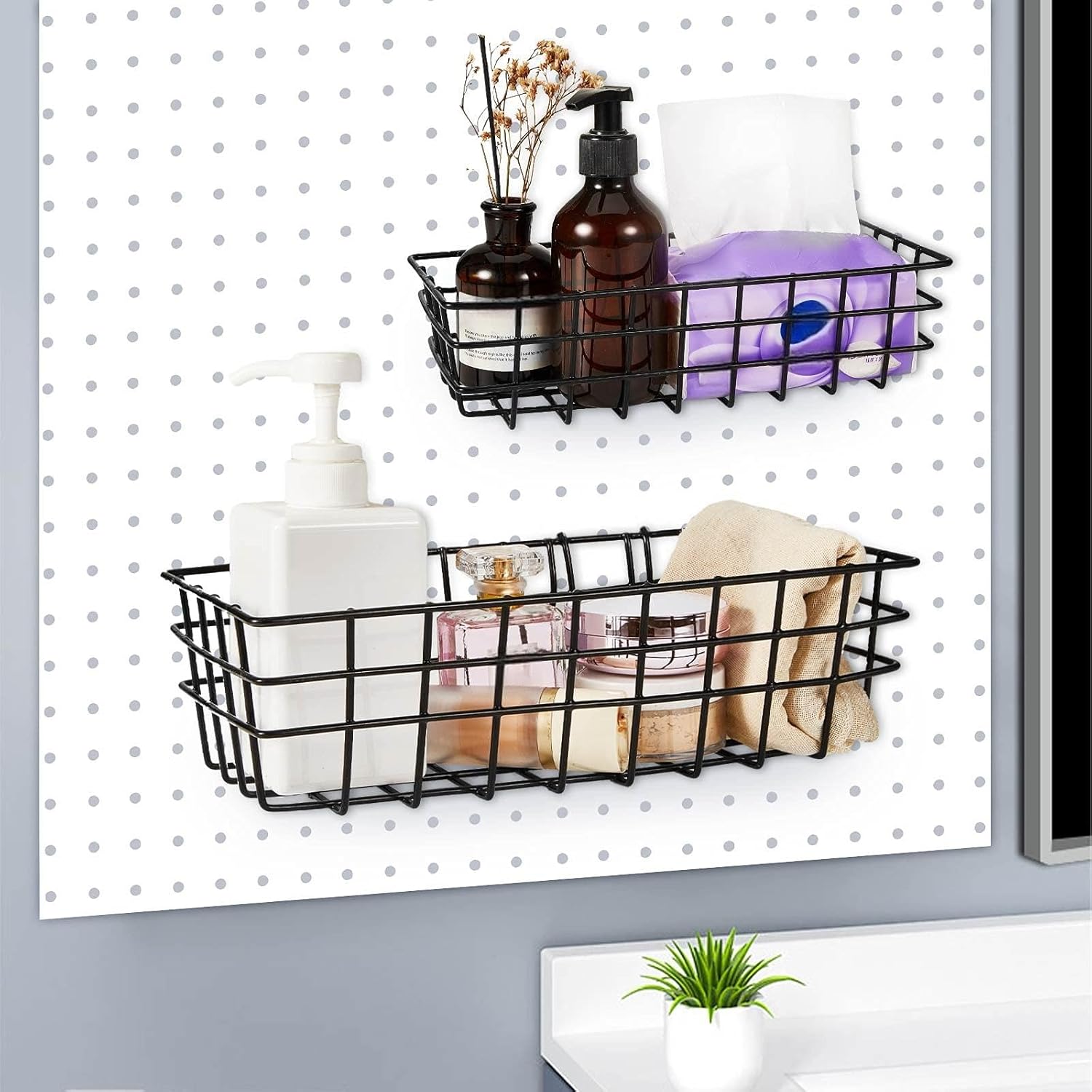 8 Pieces Pegboard Baskets Peg Board Racks Square Style Wire Shelf Baskets Bins Wall Organizer Attachments for Organizing Various Tools Workbench Accessories Garage Storage (Black,S, M, L, XL)