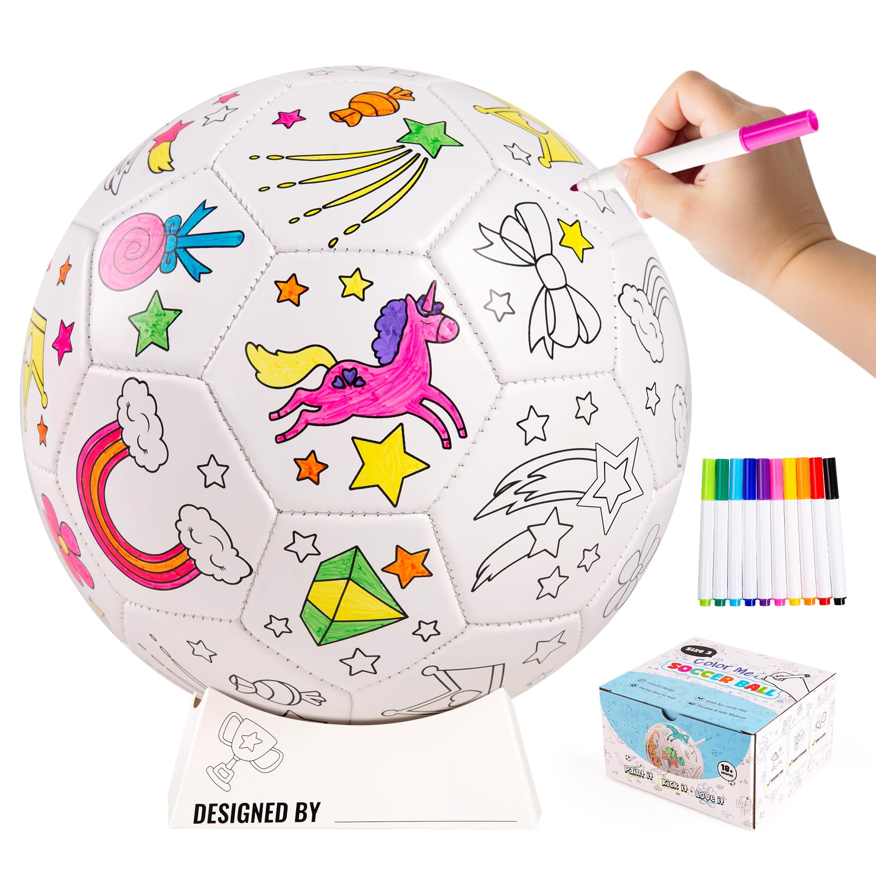 U&C Planet Customizable Size 3 Football Colouring Football for Kids Ages 3-8 with 10 Washable Markers, Ball Stand & Pump, Footballs Gifts for Boys & Girls, Durable Soft PVC for Indoor & Outdoor Play