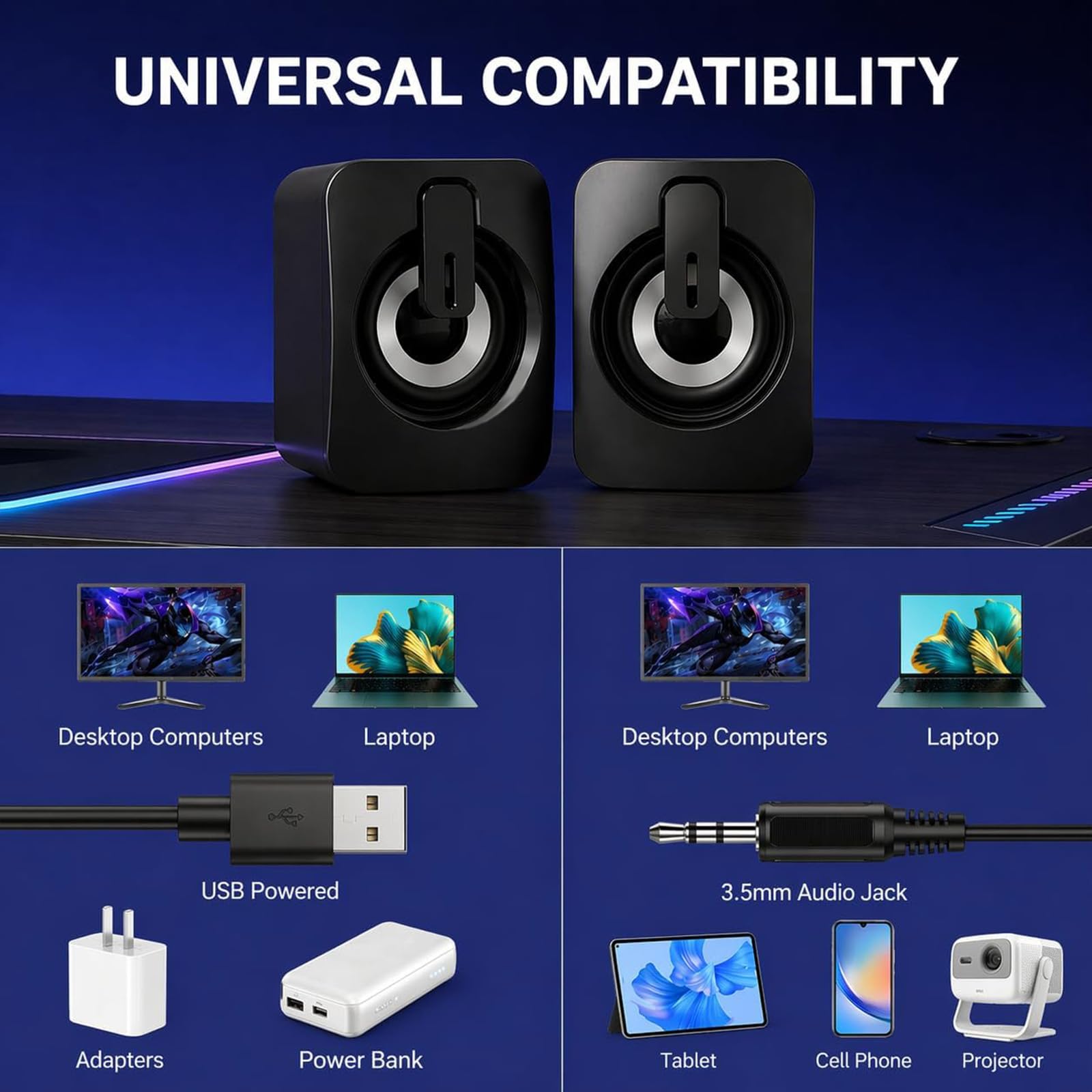 Altoparlanti per computer desktop, altoparlante portatile per PC, mini altoparlanti per desktop, laptop, piccolo altoparlante USB con suono stereo, 2 porte, 2 unità altoparlanti, facile controllo del