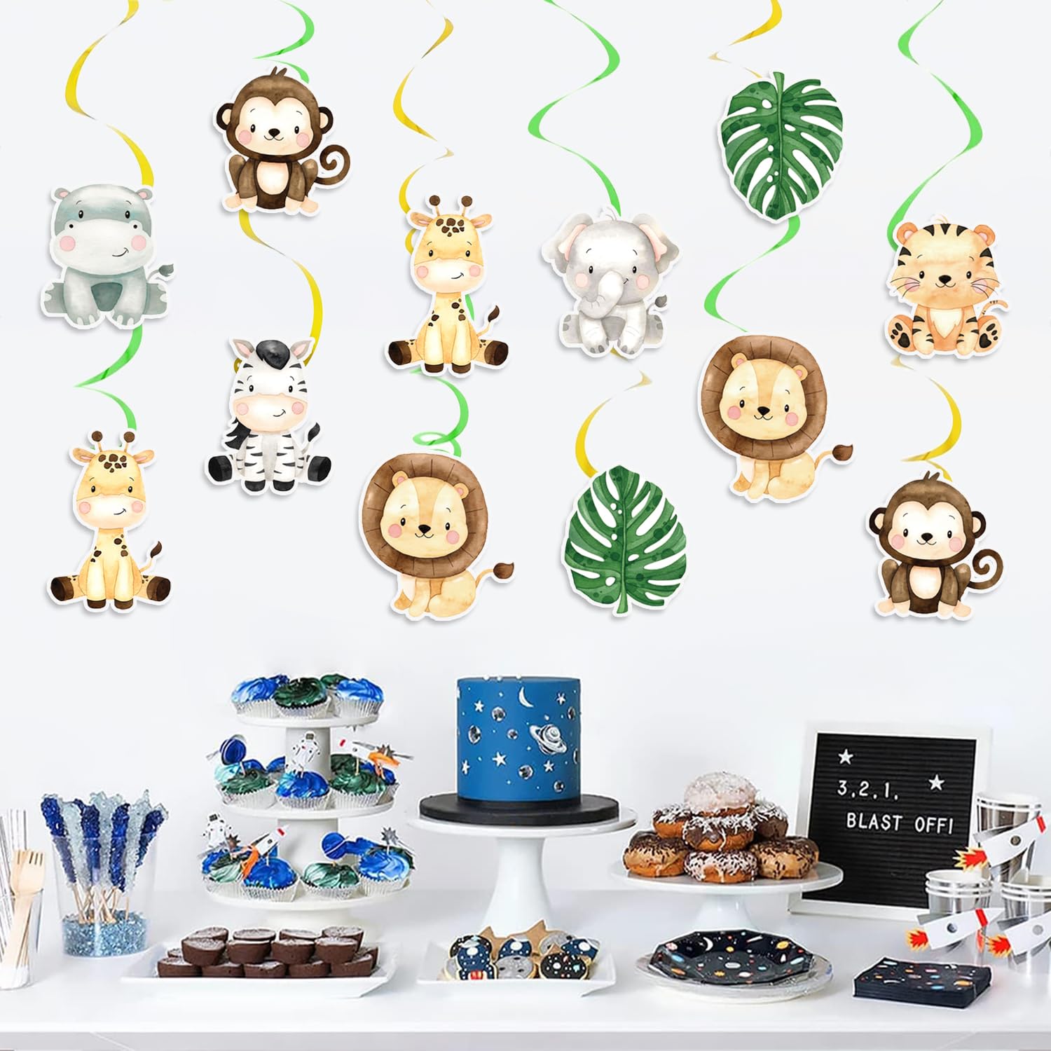 Wild One wiszące zawijasy sufitowe serpentyny dekoracje dla chłopców dzieci 24 szt. dżungla, safari, zwierzę, dekoracja na przyjęcie urodzinowe, baby shower, artykuły imprezowe, dekoracja pokoju