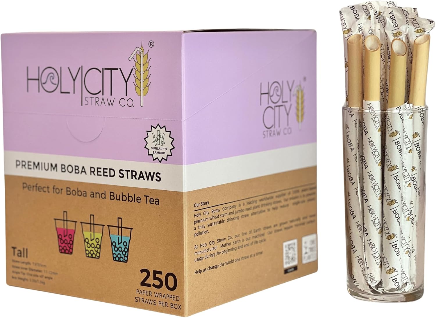 Boba Reed Drinking Straws | 4500ct. | 8” Long, 12mm wide | Similar to Bamboo | Wrapped | 100% Plant-based, Certified Compostable | Great for Boba, Bubble Tea & Milkshakes