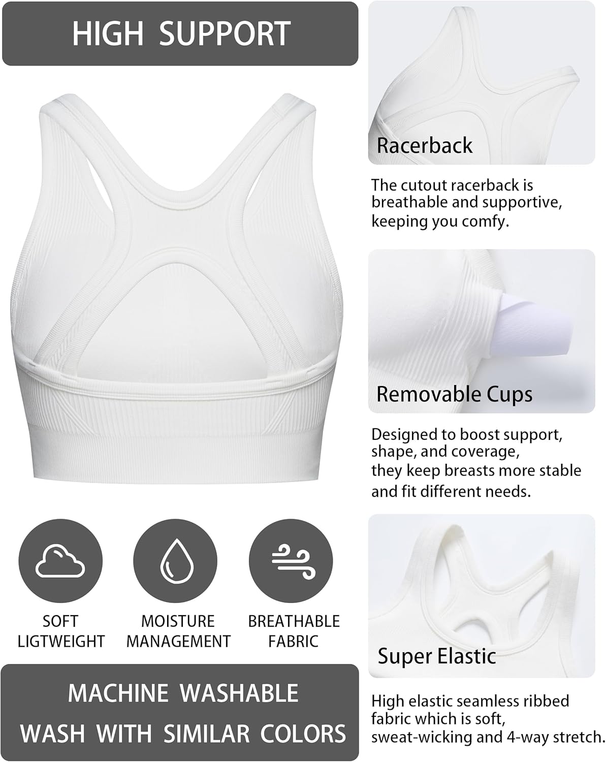 Sports Bras for Women High Support, Racerback Padded High Impact Sports Bra Seamless Running Bra - Image 5