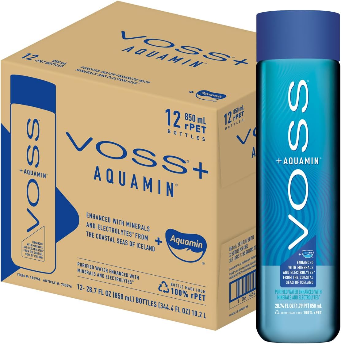 VOSS+ Aquamin Enhanced Water - Pack of 12 Bottles, 850ml Each - Purified Hydrating Water - 74 Trace Minerals & Electrolytes - Perfect for Active Lifestyles, at the Gym & on Hot Days - Recycled PET Bottle