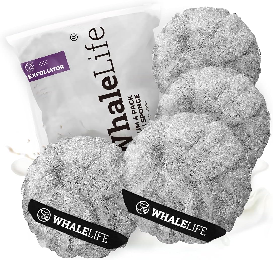 WhaleLife Bath Sponge Shower Loofahs Pouf Ball Shower Puff 4 Pack Double-Layer Exfoliation Mesh Bulk Puffs Large(60g Gray)