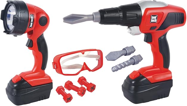 Red Box Tool Tech Toy Power Drill & Worklight Set - Lights-Sounds, Goggles & Bits, 2 Exchangeable Battery Packs, Construction Pretend Play, Kids 3+