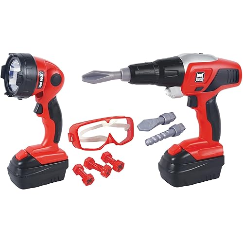 Red Box: Tool Tech: Toy Power Drill & Worklight Set - Lights-Sounds, Goggles & Bits, 2 Exchangeable Battery Packs, Construction Pretend Play, Kids 3+