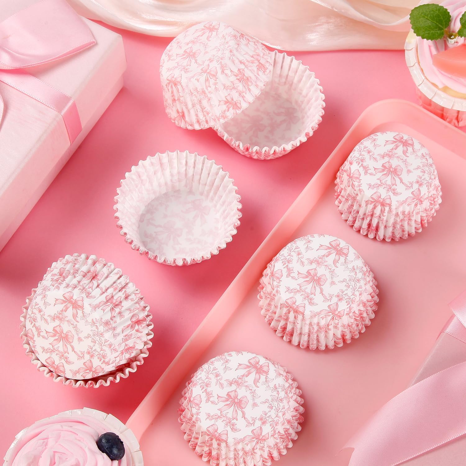 Pink Bow Cupcake Liners 300 Pcs Coquette Bow Floral Cupcake Wrappers Baking Cups Baking Standard Liners Holders for Baby Shower Wedding Bachelorette Bridal Showers Birthday Party Decoration
