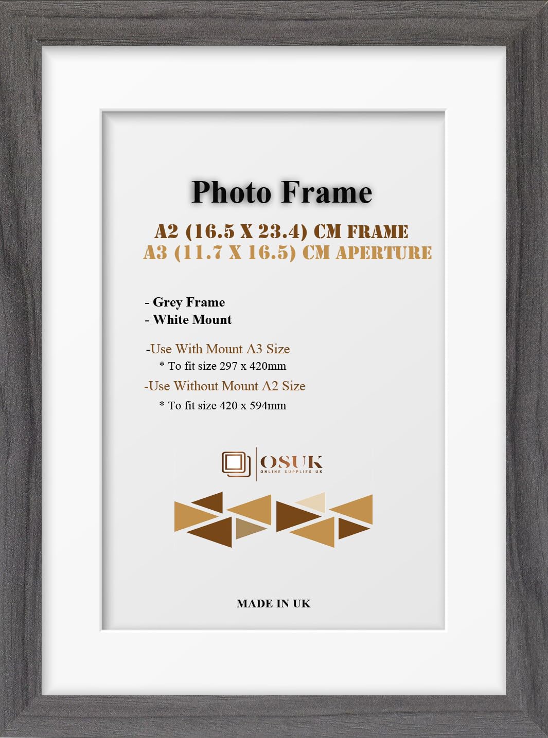 Frame Eazy Grey Osuk A2 Frame With A3 Mount Modern Photo Frame With White Mount - Clear Perspex Front & Wall Mounting Poster Frame - A2 Picture Frame With A3 White Mount
