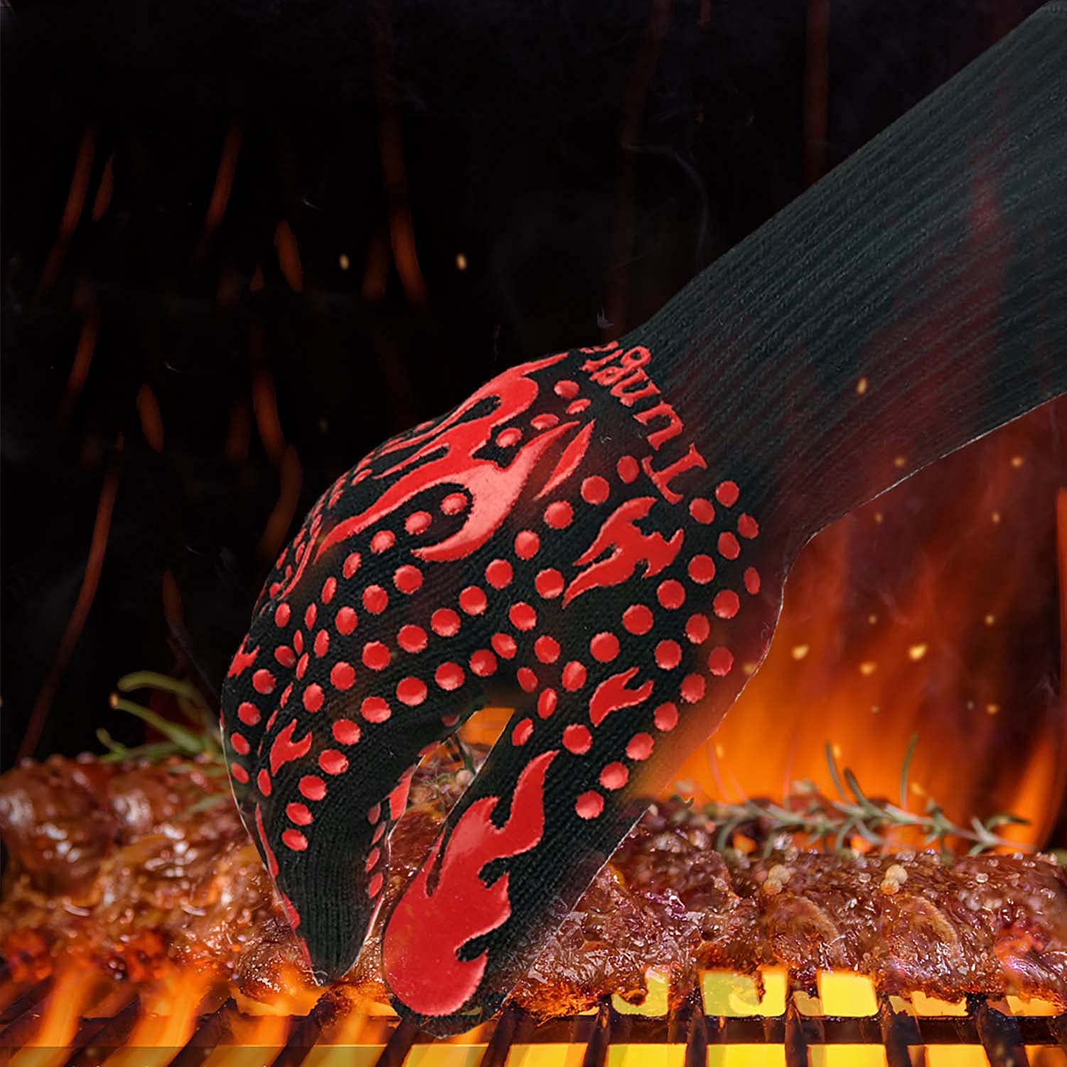 Guanti resistenti al calore per barbecue, 800 °C, 35,5 cm, estremamente resistenti al calore, antiscivolo, in silicone, tessuto aramidico, rosso