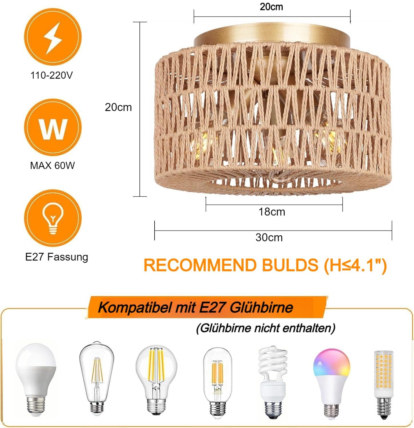 FRIDEKO HOME Deckenlampe Boho,3 Flammig Deckenleuchte Vintage mit Rattan Lampenschirm Hängelampe E27 Fassung für Wohnzimmer Esszimmer Schlafzimmer Küche Flur