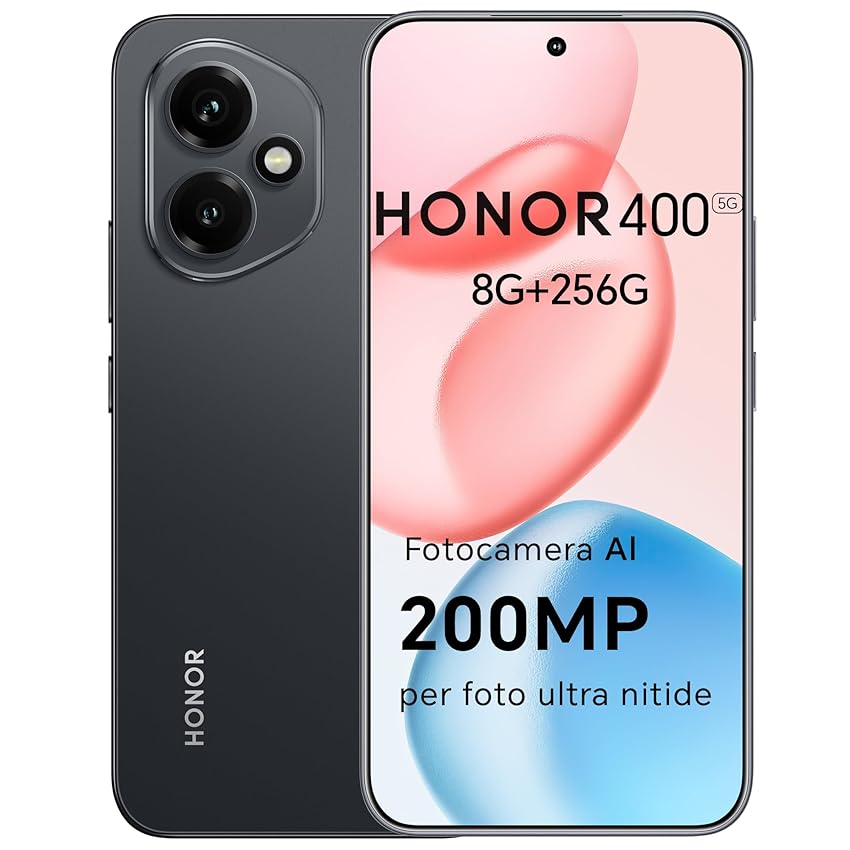 HONOR 400 Smartphone 5G Dual SIM NFC, 8GB/256GB, 200MP con AI fotografica, 6.55 pollici AMOLED Eye-Care Display 5000nit, 5300 mAh, Snapdragon 7 Gen 3, Android 15, Midnight Black, [Versione italiana]