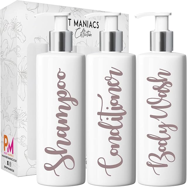 Print Maniacs 3 Set Mrs Hinch Inspired White Personalised Dispenser Pump Bottles Shampoo Conditioner Body Wash (Matt Rose Gold)