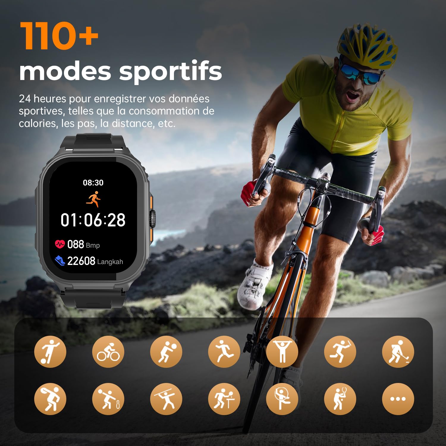 Montre Connectée Homme Militaire, 2,01" HD IP68 Montre Sport avec Répondre/Passer Appels, Cardiaque/SpO2/Sommeil Monitor, Suivi Activité, 110+ Modes Sportifs pour iOS/Android, Noir