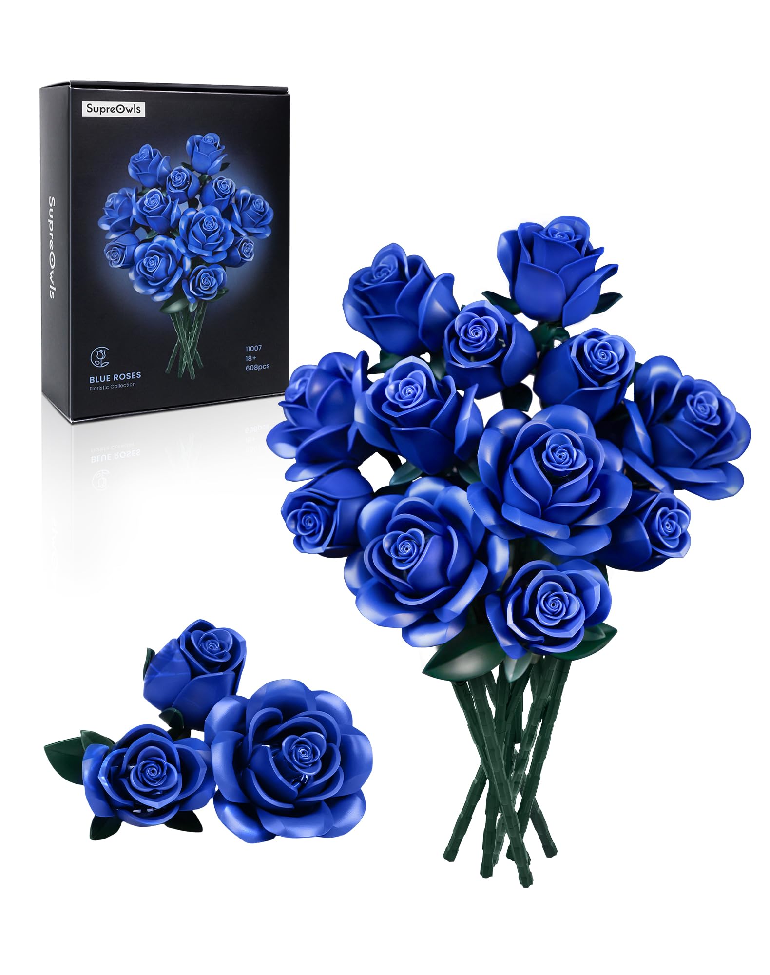 iATOM Blue Rose Bouquet Building Set, 12Pcs Flowers Botanical Collection for Adults, Valentine's Day Gift for Her/Mom/Girlfriend/Wife/Couple, Retro Romantic Home Office Table Centerpiece Decor