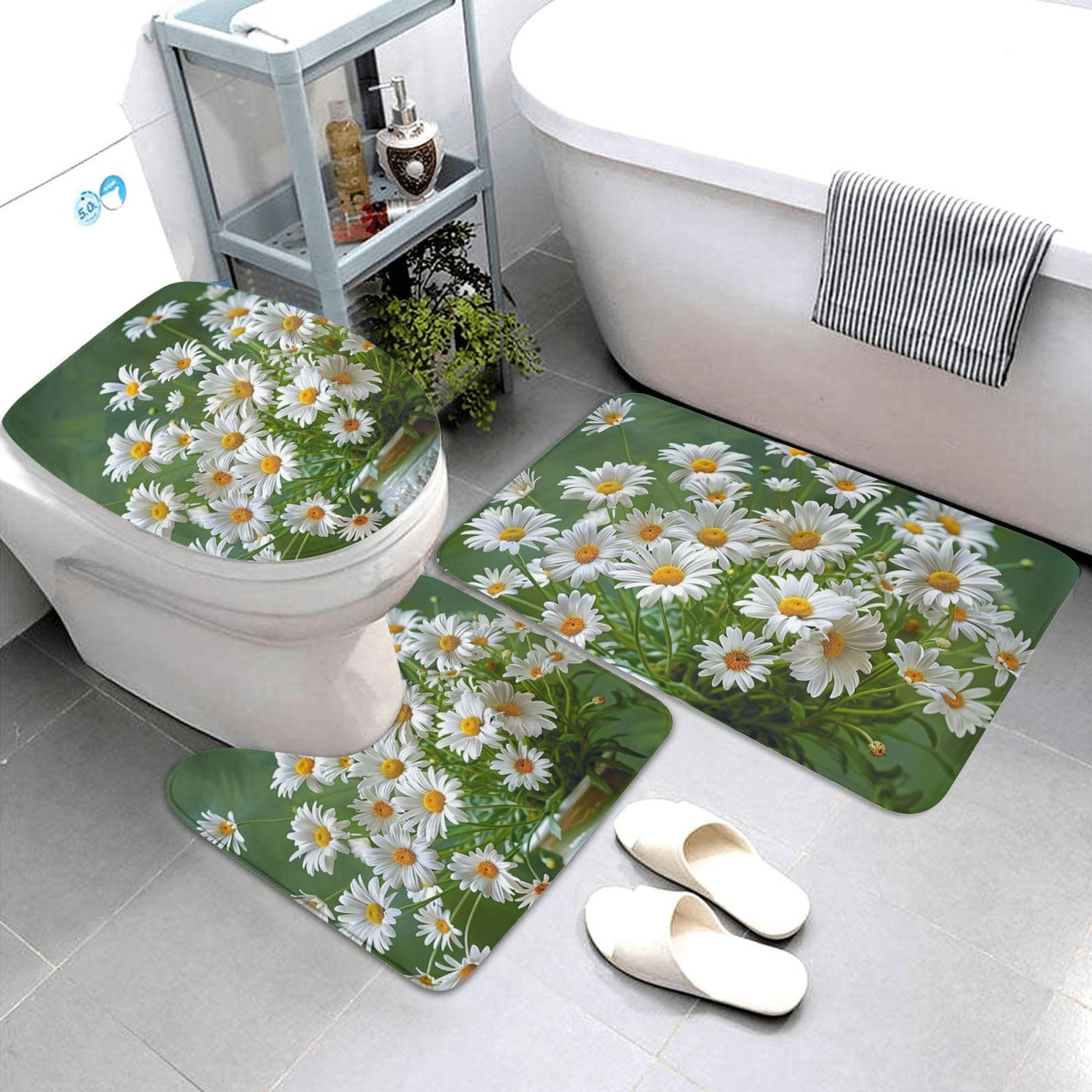 Lot de 3 tapis de bain antidérapants et absorbants en flanelle avec motif floral et marguerites
