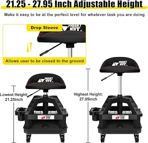 Miniatura 5 de FreekyFit Rolling Shop Taburete para garaje con ruedas, DO02 - Asiento giratorio de 360 de altura ajustable con almacenamiento de bandeja de