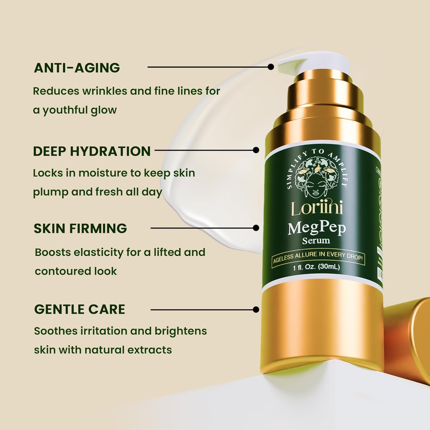 MegPep Hyaluronic Acid Serum Multi-Peptide Anti-Aging Serum with Ceramides, Gold for Hydration, Wrinkles, Fine Lines, Firming, Brightening Plumping Care for Sensitive Skin Paraben-Free 1 Fl oz - Image 2