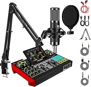 podcast equipment, bestehend aus einem Audio mixer Mischpult und einem 3,5-mm-Kondensatormikrofon, geeignet für PC und Smartphones, für Live-Singen. Das Soundboard unterstützt die voice changer