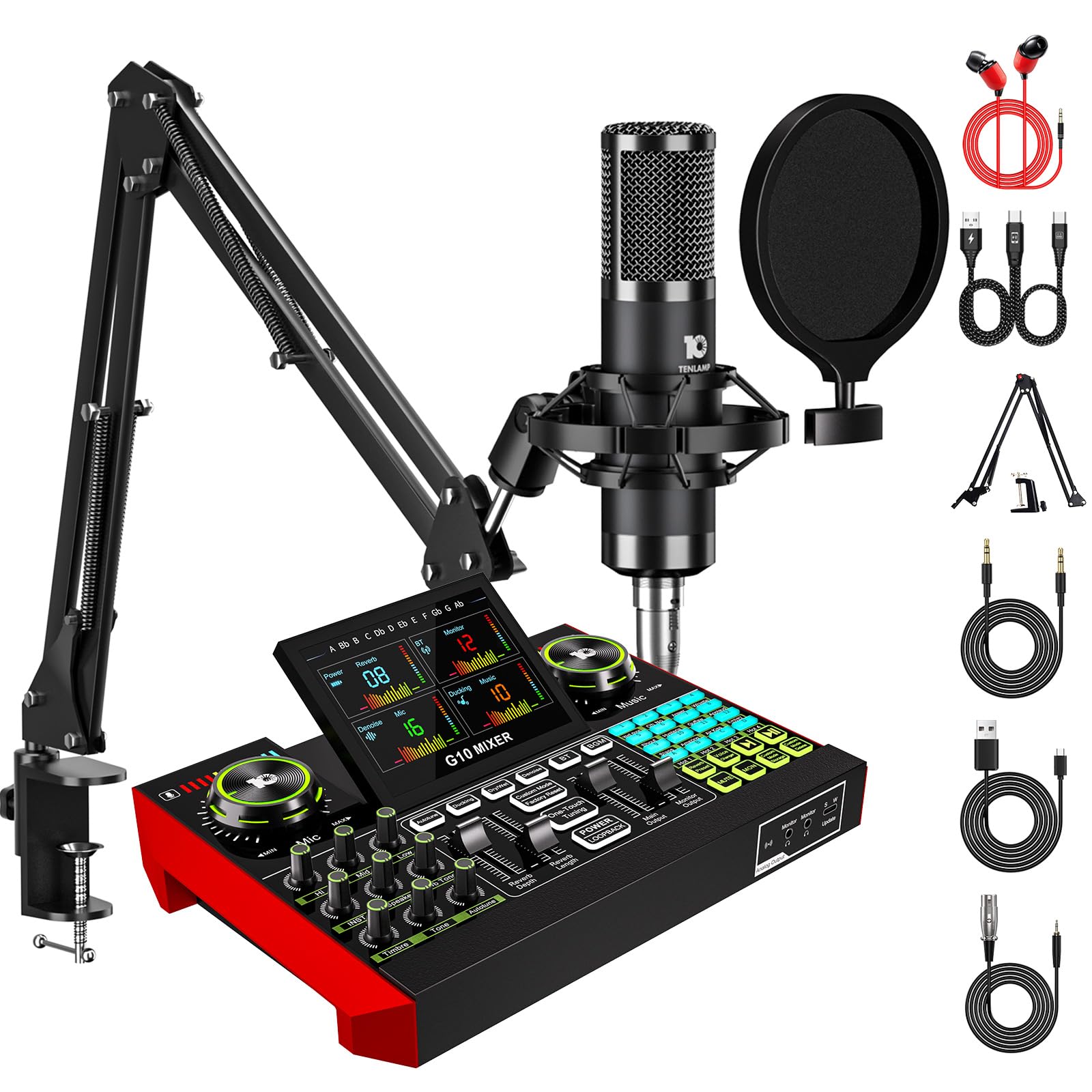 tenlamp Équipement Podcast avec Table de Mixage Audio et Microphone Condensateur 3.5mm, pour PC et Smartphone, Chant en Direct Live, Création de Contenu Gaming, Soundboard avec Changeur de Voix