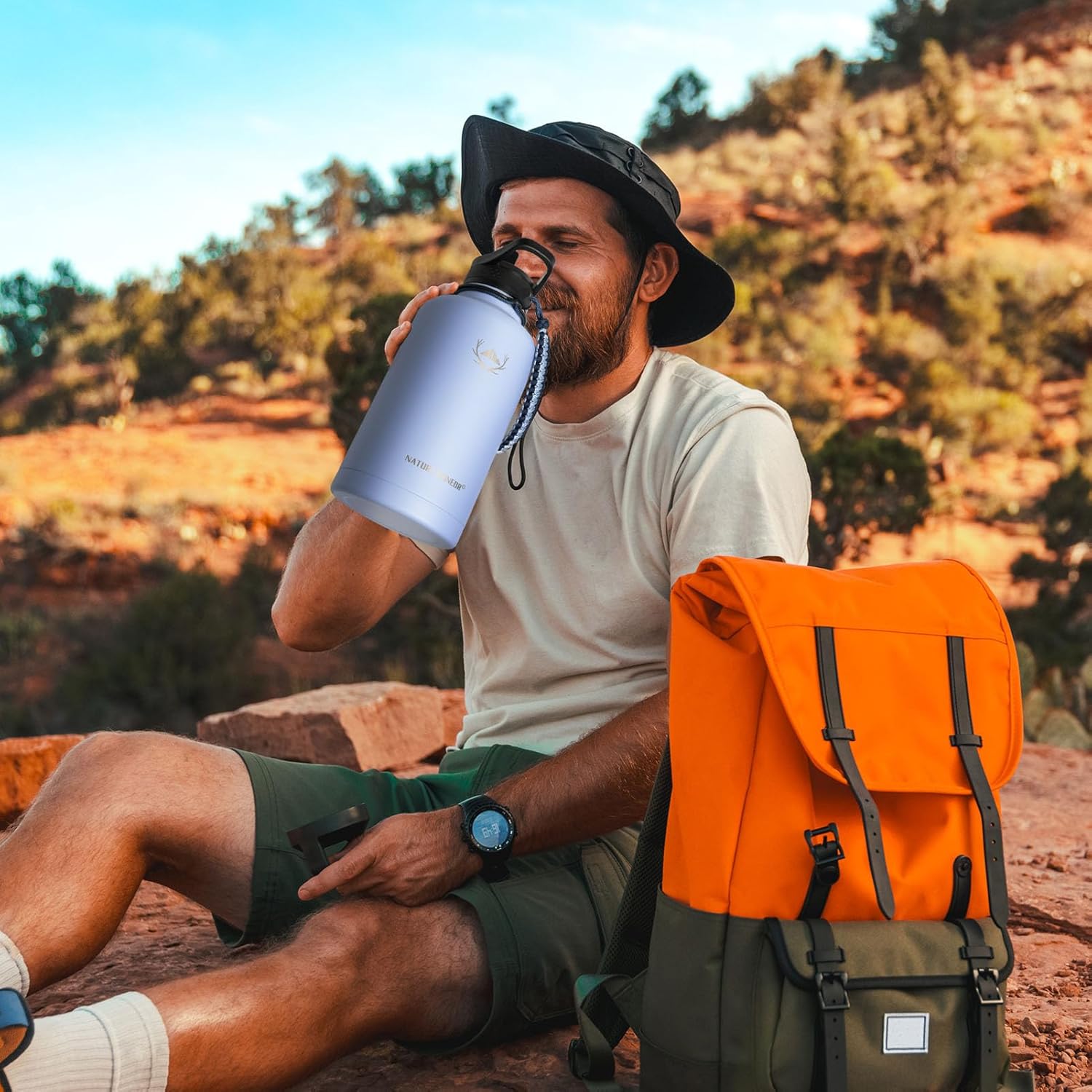 NATURE PIONEOR Insulated Water Bottles with Paracord Handle - 64 oz Vacuum Sports Wide Mouth Water Bottle with 3 Lids, Leak Proof Stainless Steel Keeps Hot and Cold