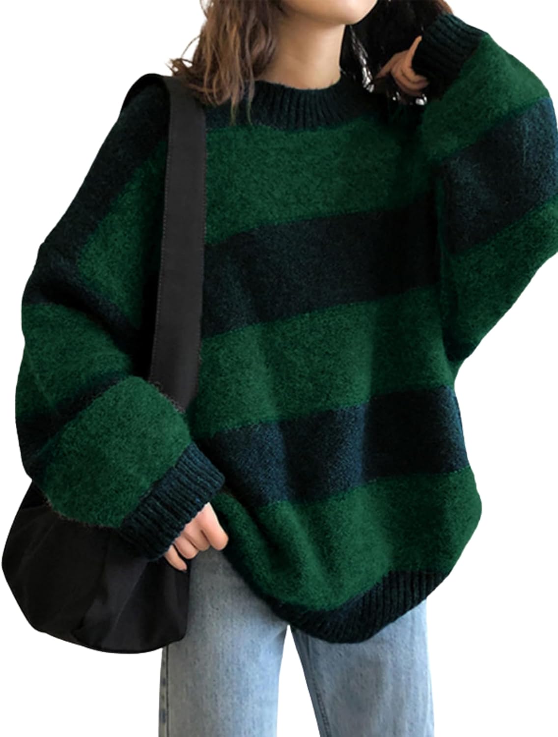 EMMIOL Women's Oversized Striped Sweaters 2026 Spring Trendy Long Sleeve Knit Outfits Crewneck Fashion Pullover Tops