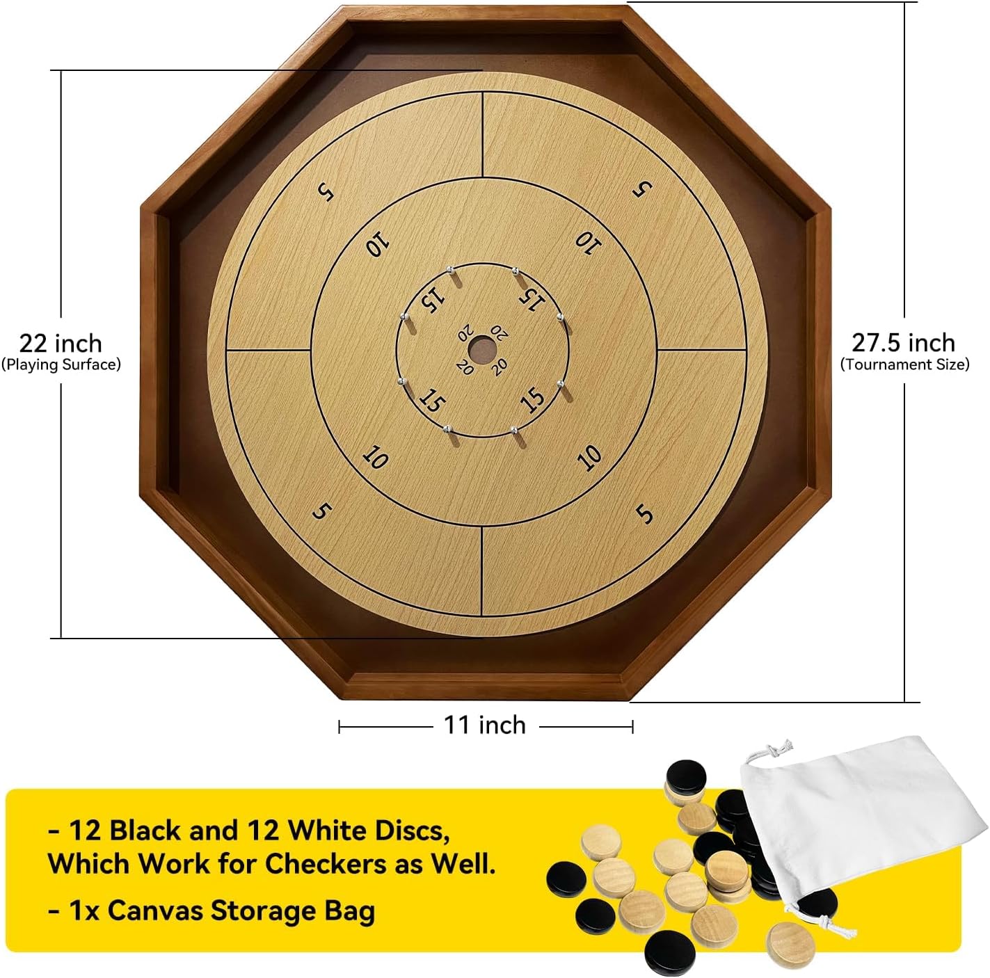 27 Inch Tournament Crokinole Board Game, 2 in 1 Crokinole and Checkers with 22” Playing Surface, Metal Pegs, Wooden Octagon Canadian Tabletop Board Game Krokinole for Families and Friends