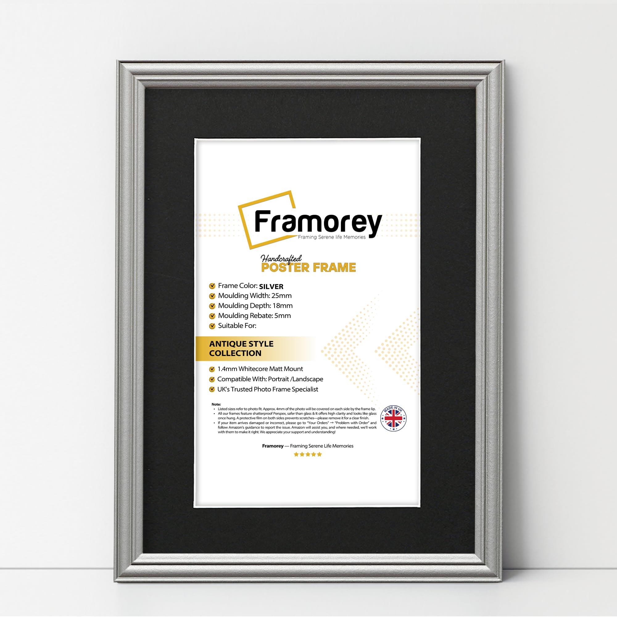 FRAMOREY LW Antique Style Photo Frames 22x16" Size Silver Picture Frame With 18x12" Size Black Mount, Modern Art Picture Frames, Wall Hanging Poster Frame, Photo Print Frames