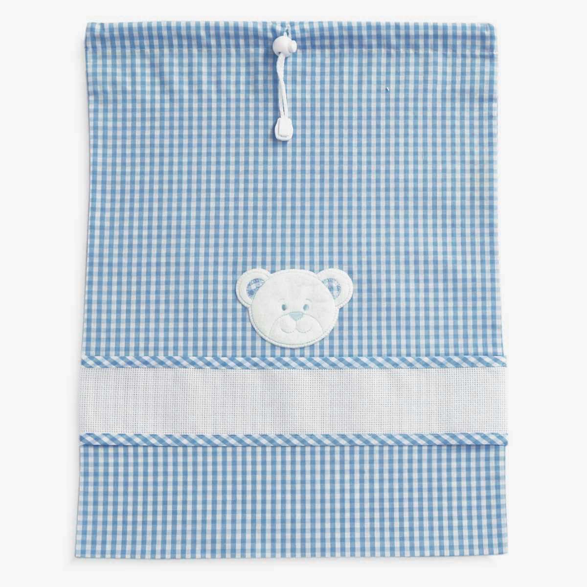 Set asilo da ricamare a punto croce, tre pezzi, sacchetto salvietta e bavaglia, Coordinato asilo in spugna bianca con tela aida, punto croce, fantasia quadretto con viso di orsetto (274 Azzurro)
