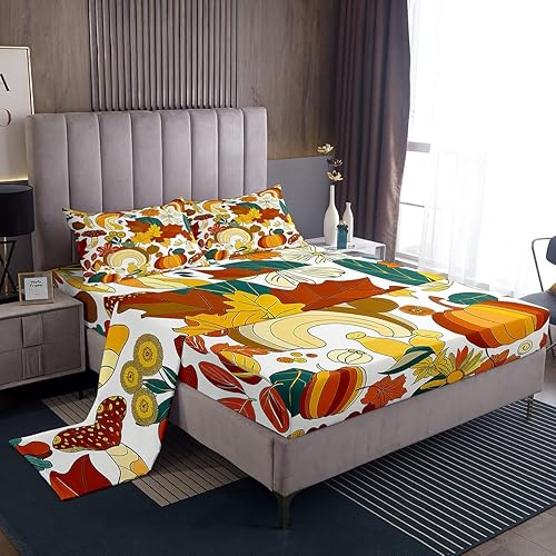 Miniatura 34 de Juego de sábanas retro floral de los 70 de tamaño individual, juego de decoración de cama con flores hippie y hojas con 1 sábana encimera y 1 sábana