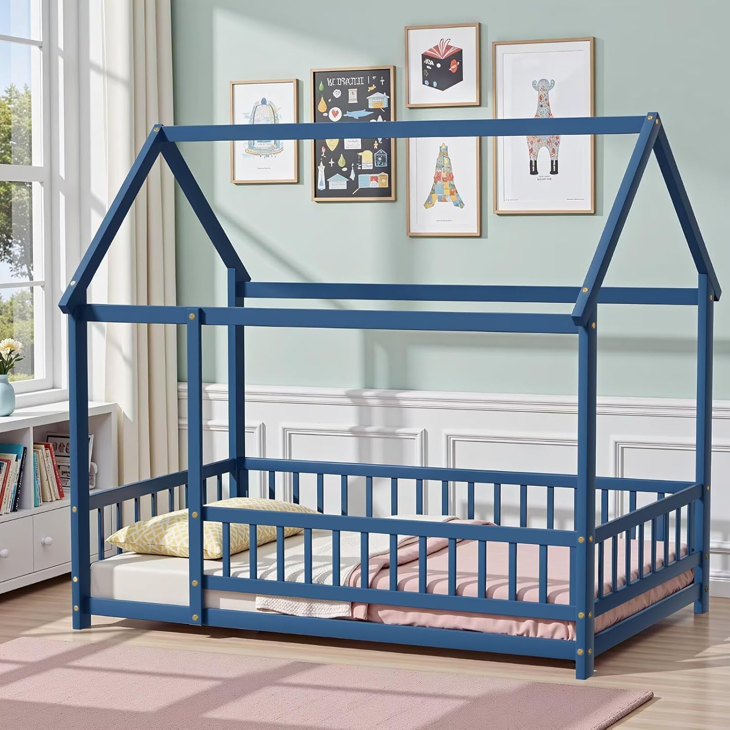 LLS Full Size Floor Bed Frame with Roof Fence, Wooden Montessori House Bed for Boys Girls Bedroom, White Without Slats