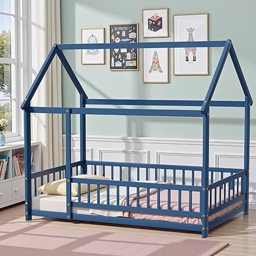 Miniatura 12 de LLS Marco de cama Montessori gemelar, cama de casa de madera con cerca y techo, cama de piso para dormitorio de niños y niñas, natural