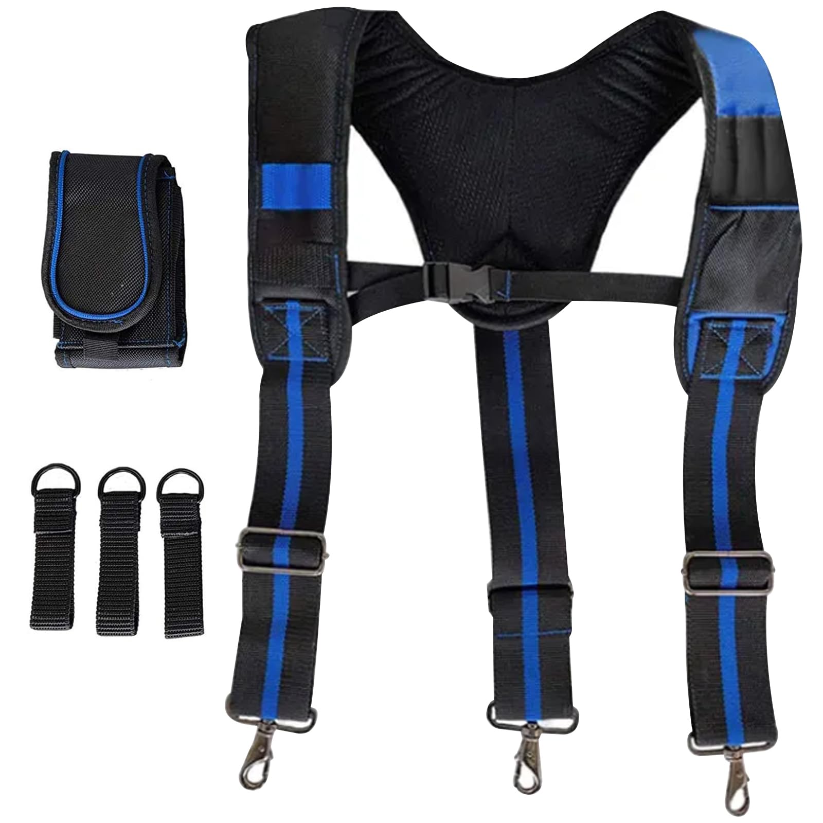 Tool Belt with Suspender Adjustable Heavy Duty Tool Belts with Phone Holder Breathable Padded Removable Oxford Cloth Pouch for Carpenters, Electricians, Gardening (Dark Blue) Carpenter Belt